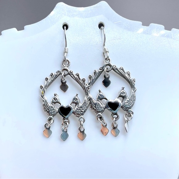 🌺 Vintage Sterling & Onyx Peacock Earrings - Picture 2 of 10